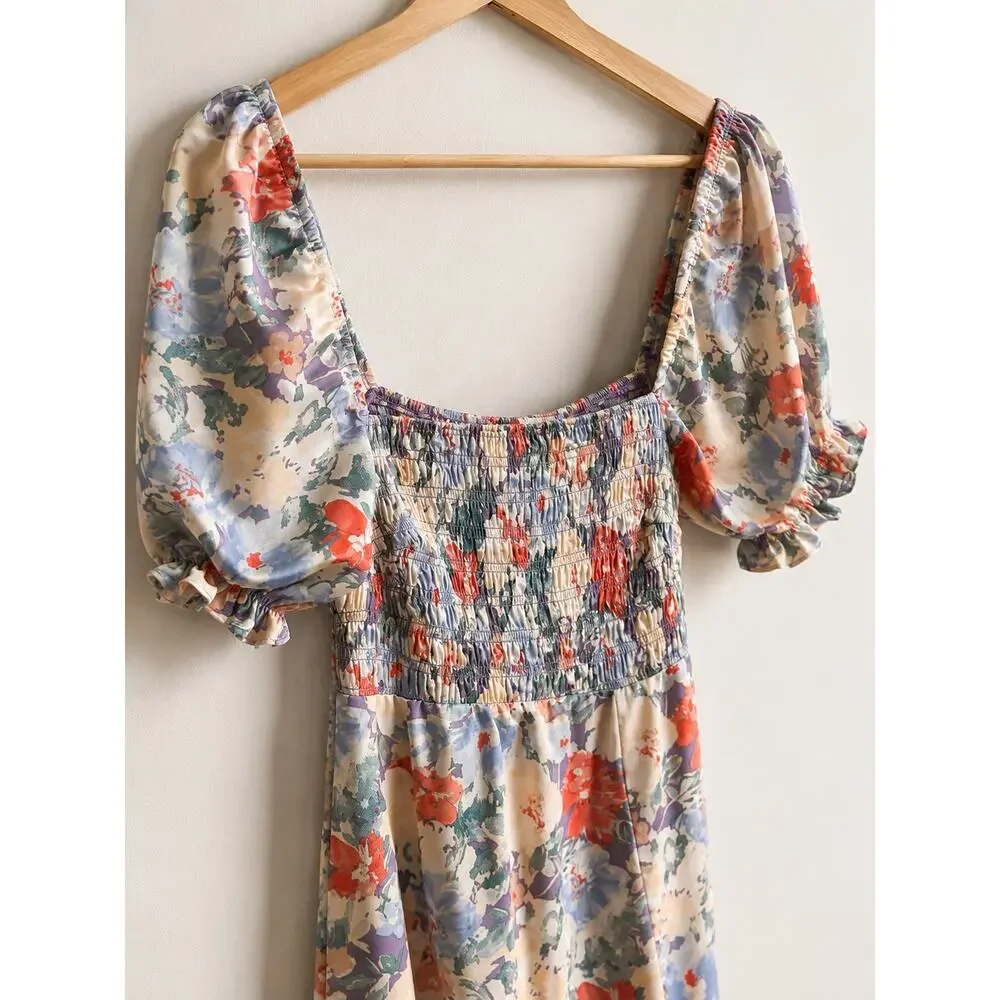 ASTR The Label Floral Smocked Puff Sleeve Cottagecore Midi Dress Small Romantic - Picture 4 of 10